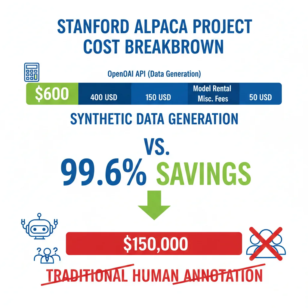 Infografía detallada mostrando desglose de costes Stanford Alpaca: generación de datos, fine-tuning, y total vs anotación humana