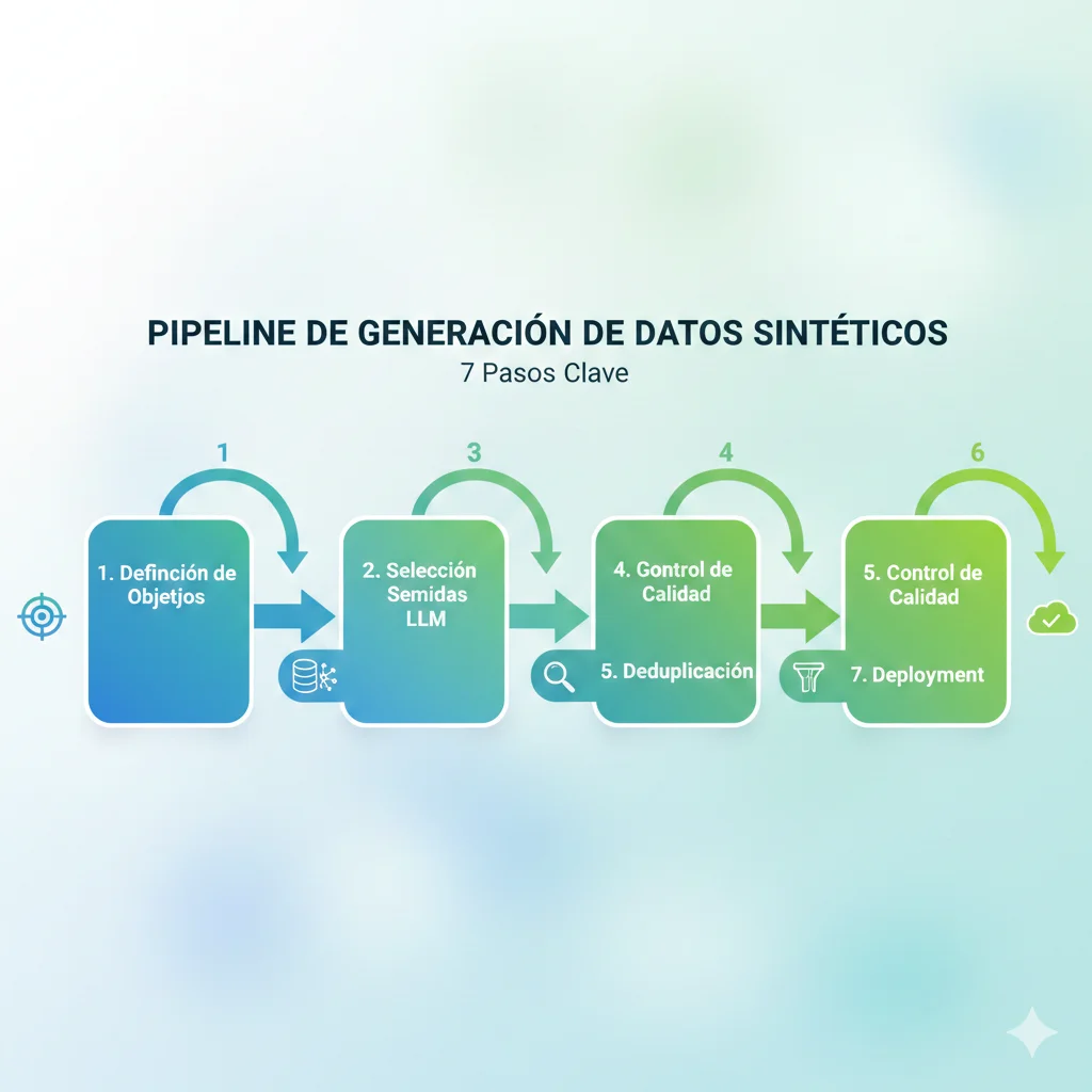 Diagrama de flujo mostrando los 7 pasos del pipeline de synthetic data generation con íconos y conexiones