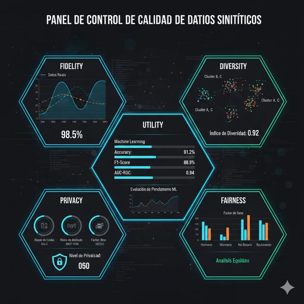Dashboard mostrando las 5 métricas de calidad: fidelity, diversity, utility, privacy, fairness con gráficos