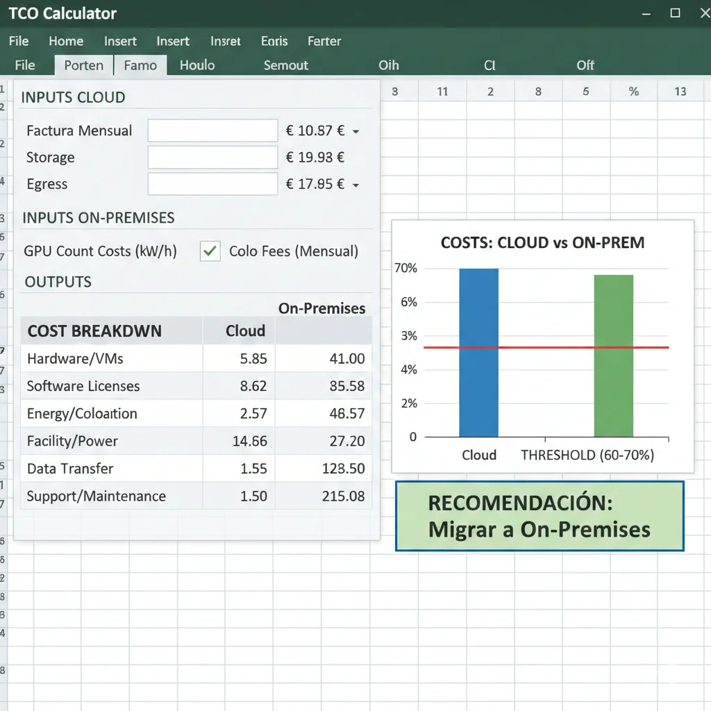 Screenshot del TCO Calculator mostrando comparación cloud vs on-premises con threshold 60-70% marcado y break-even timeline