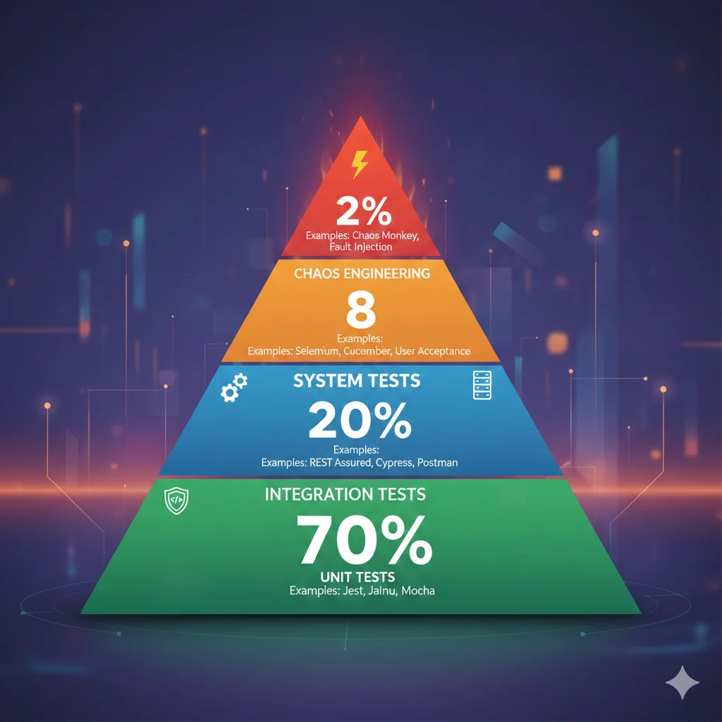Pirámide de testing para sistemas multi-agente mostrando unit tests 70%, integration tests 20%, system tests 8% y chaos engineering 2%