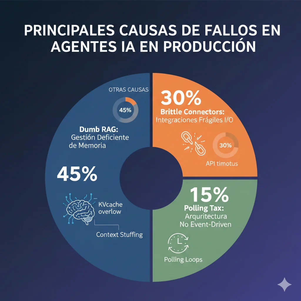 Infografía mostrando tres causas principales fallo agentes IA: Dumb RAG 45%, Brittle Connectors 30%, Polling Tax 15%