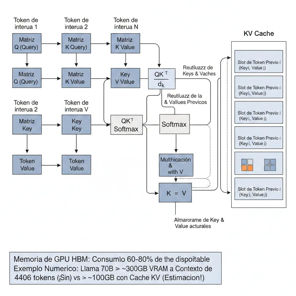 Diagrama arquitectura transformer mostrando mecanismo atención con keys y values cacheados para reutilización en generación autoregresiva