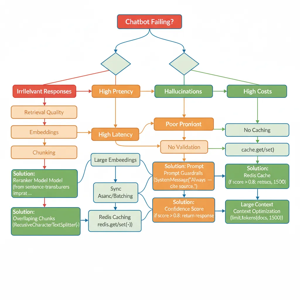 Diagrama de flujo de troubleshooting mostrando árbol de decisión para diagnosticar problemas RAG: Respuestas Irrelevantes, Latencia Alta, Hallucinations, Costes Altos con soluciones específicas para cada rama