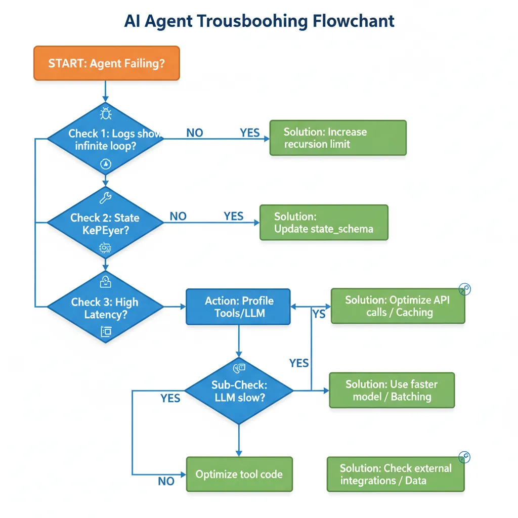 Flowchart debugging LangGraph agents production issues. Decision tree mostrando agent no responde → check logs → infinite loop detected → solution recursion limit. Multiple paths para diferentes error patterns.