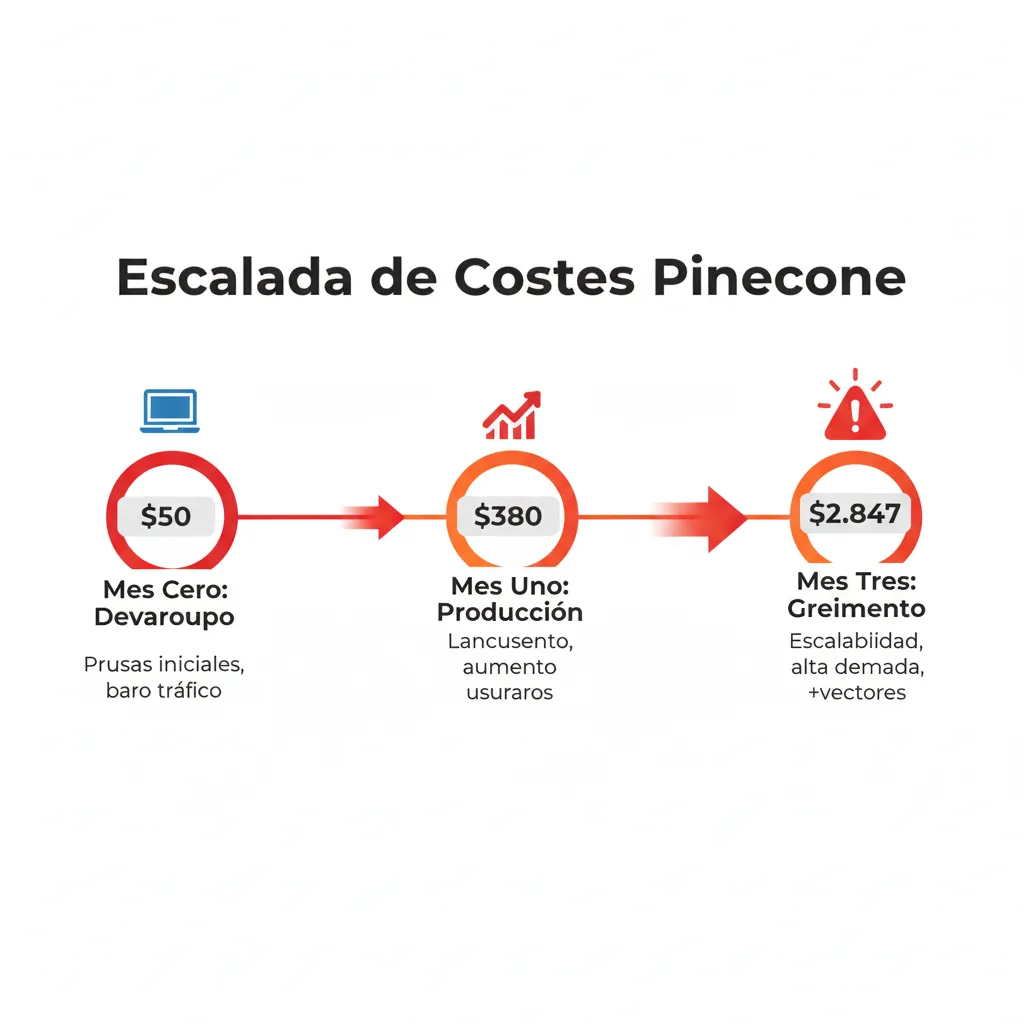 Timeline visualizando escalada costes vector database de $50 a $2847 en 3 meses, mostrando hitos críticos y causas subyacentes