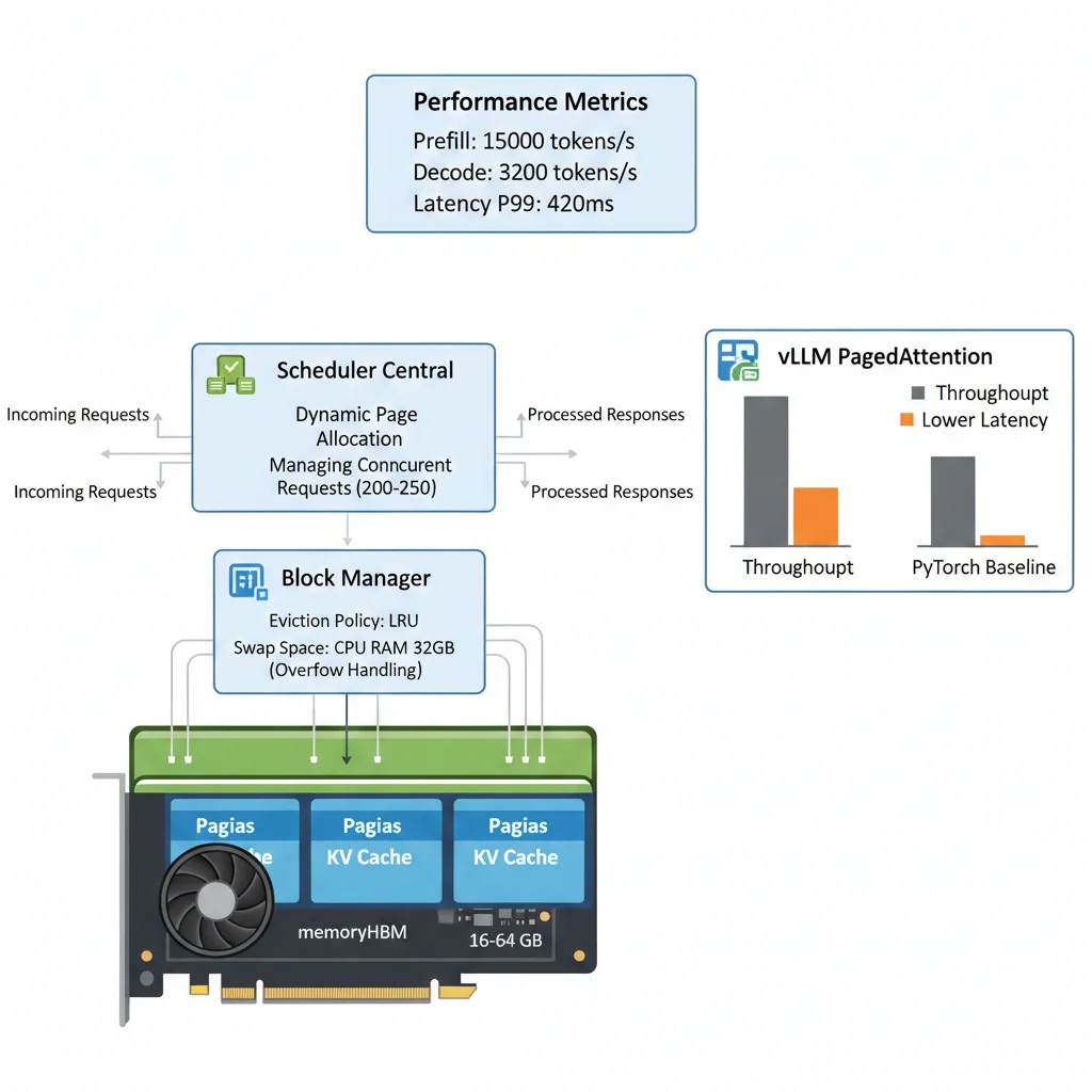 Diagrama arquitectura PagedAttention de vLLM mostrando gestión memoria tipo sistema operativo con bloques página dinámicos versus asignación contigua tradicional