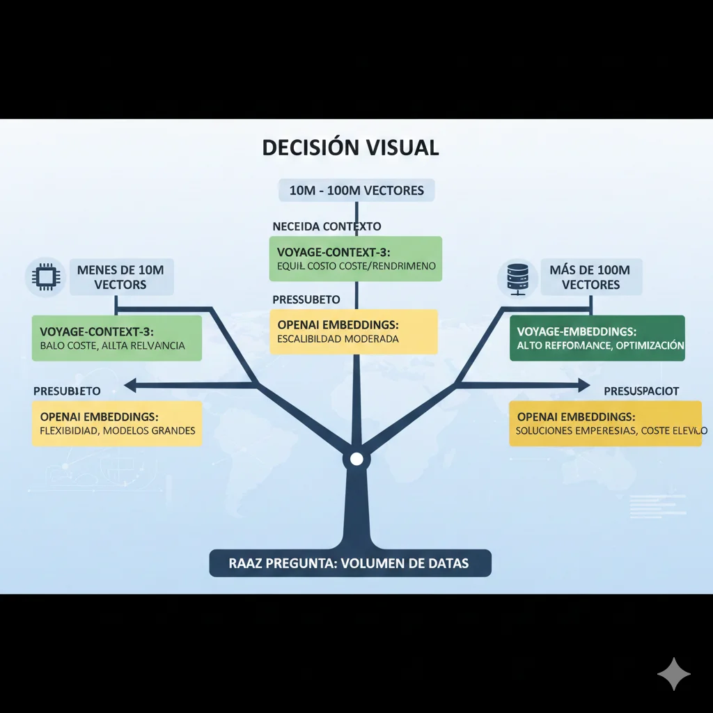 Árbol de decisión visual para elegir entre voyage-context-3 y OpenAI embeddings basado en volumen de datos, necesidad de contexto, presupuesto y tipo de aplicación