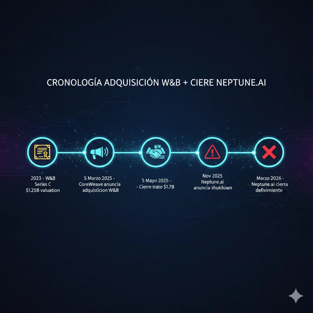 Línea de tiempo mostrando la adquisición de Weights & Biases por CoreWeave en Mayo 2025 y el cierre de Neptune.ai en Marzo 2026