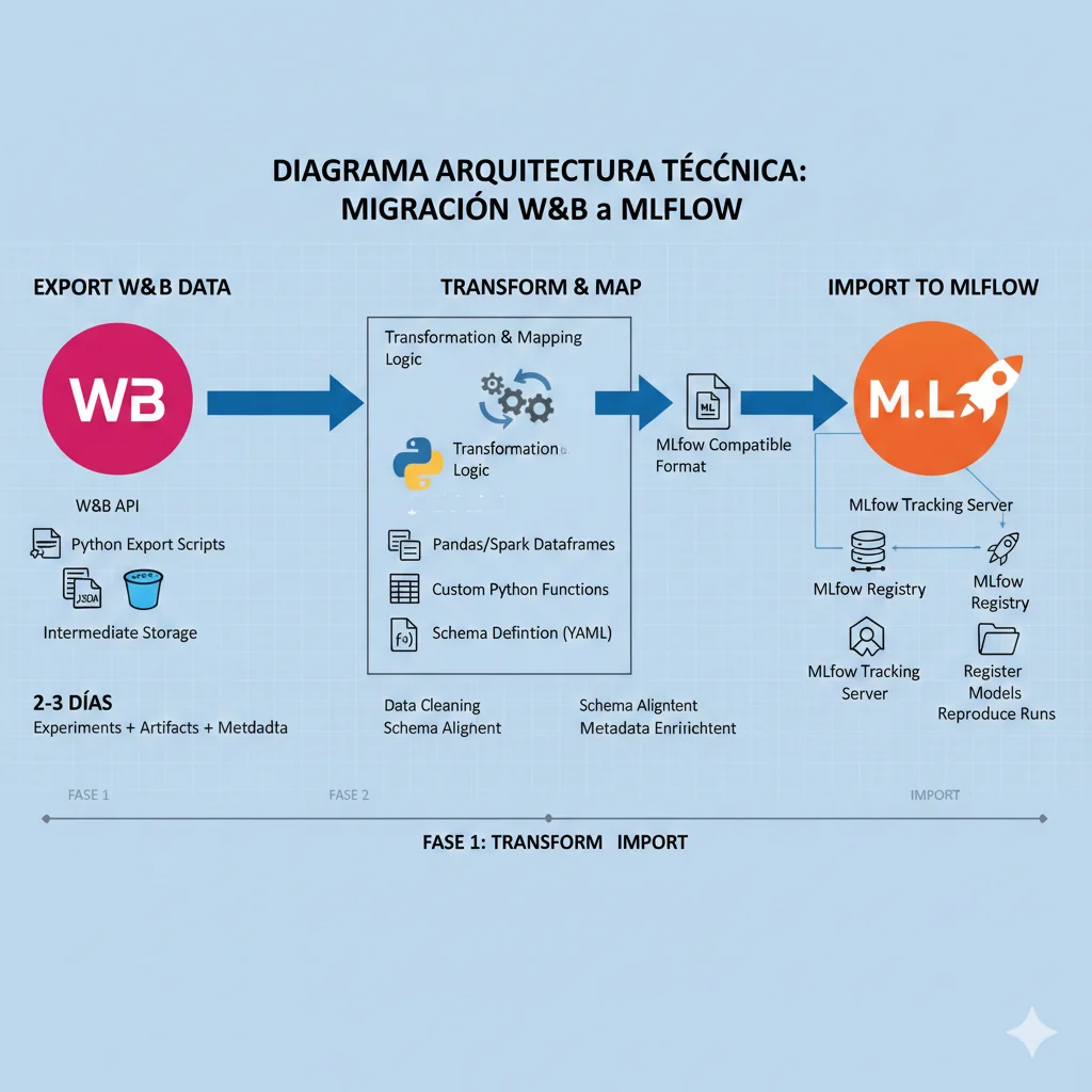 Diagrama de arquitectura mostrando el flujo de migración desde Weights & Biases hacia MLflow con scripts de export, transformación y validación