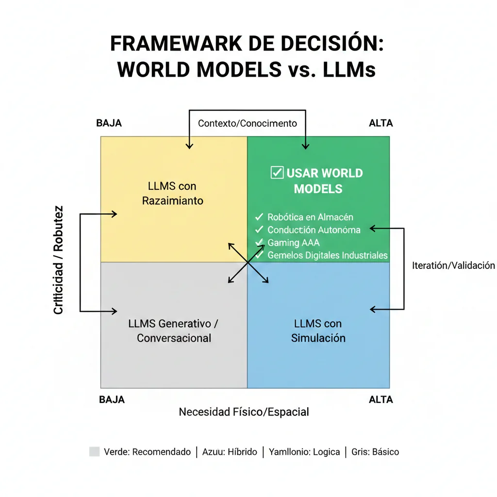 Matriz de decisión 2x2 mostrando cuándo usar World Models vs LLMs basado en necesidades de robustez física y restricciones de coste