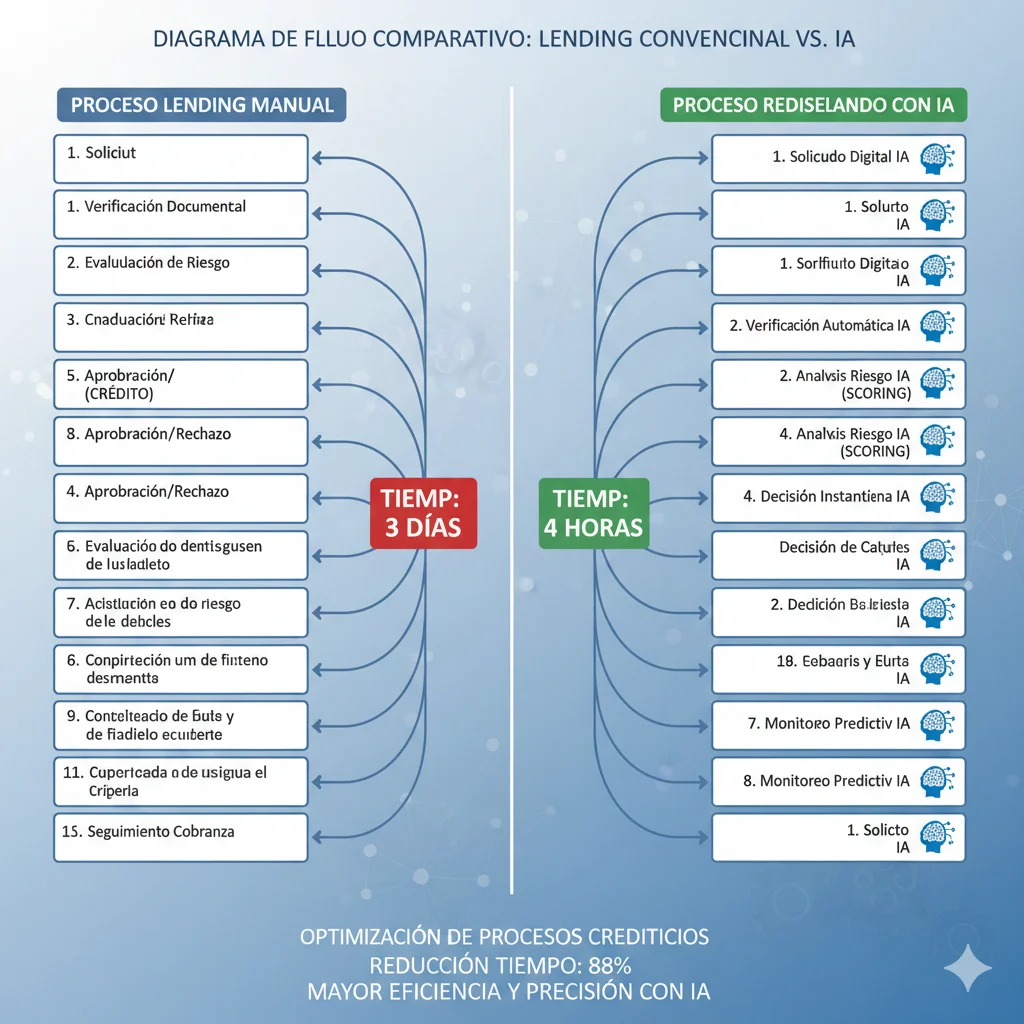Diagrama comparativo proceso lending antes con 15 pasos manuales 3 días versus después con 8 pasos AI-assisted 4 horas