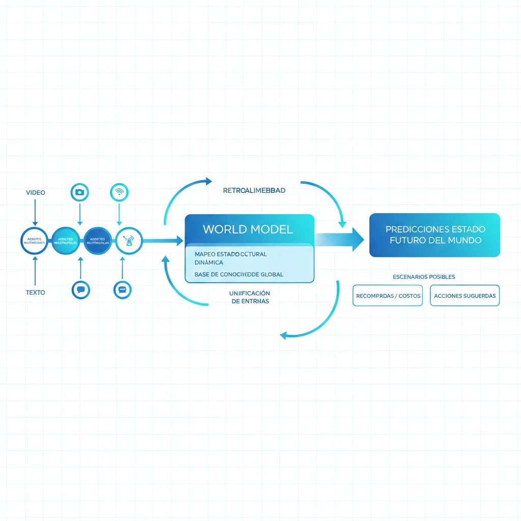 Diagrama conceptual mostrando la arquitectura de world models con múltiples agentes procesando entradas multimodales para generar predicciones del estado futuro del mundo