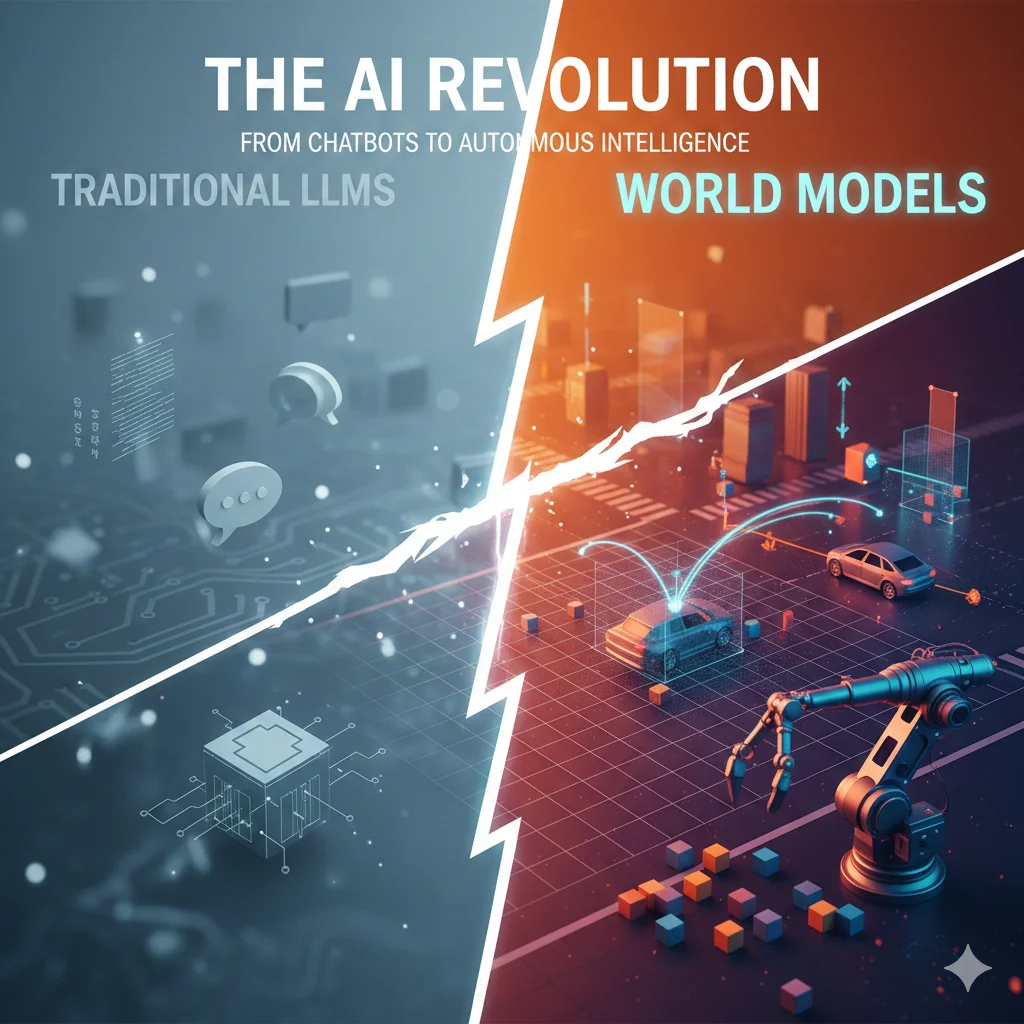 Yann LeCun con logo AMI Labs y €500M de inversión, laboratorio futurista de inteligencia artificial con redes neuronales holográficas