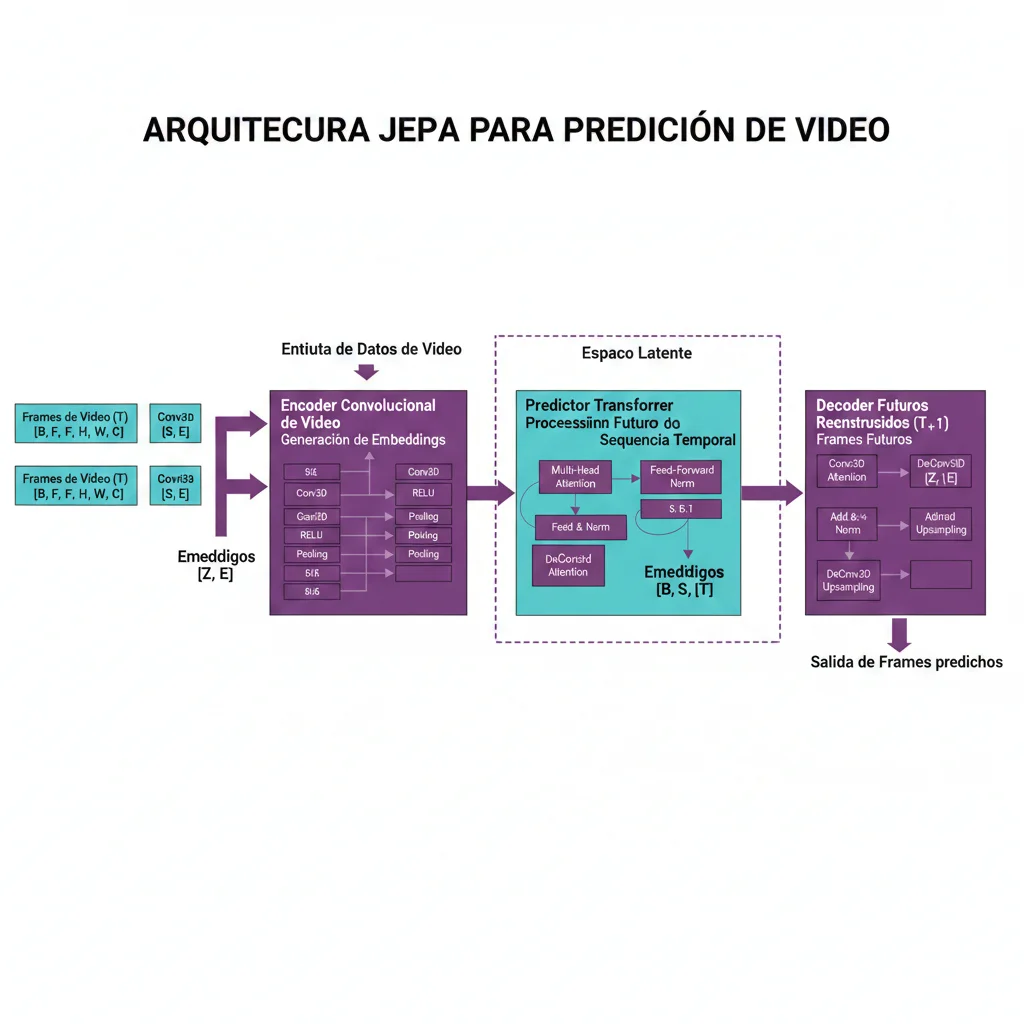 Diagrama técnico mostrando flujo JEPA con encoder convirtiendo frames a embeddings, predictor transformer procesando secuencia temporal y decoder reconstruyendo frames futuros