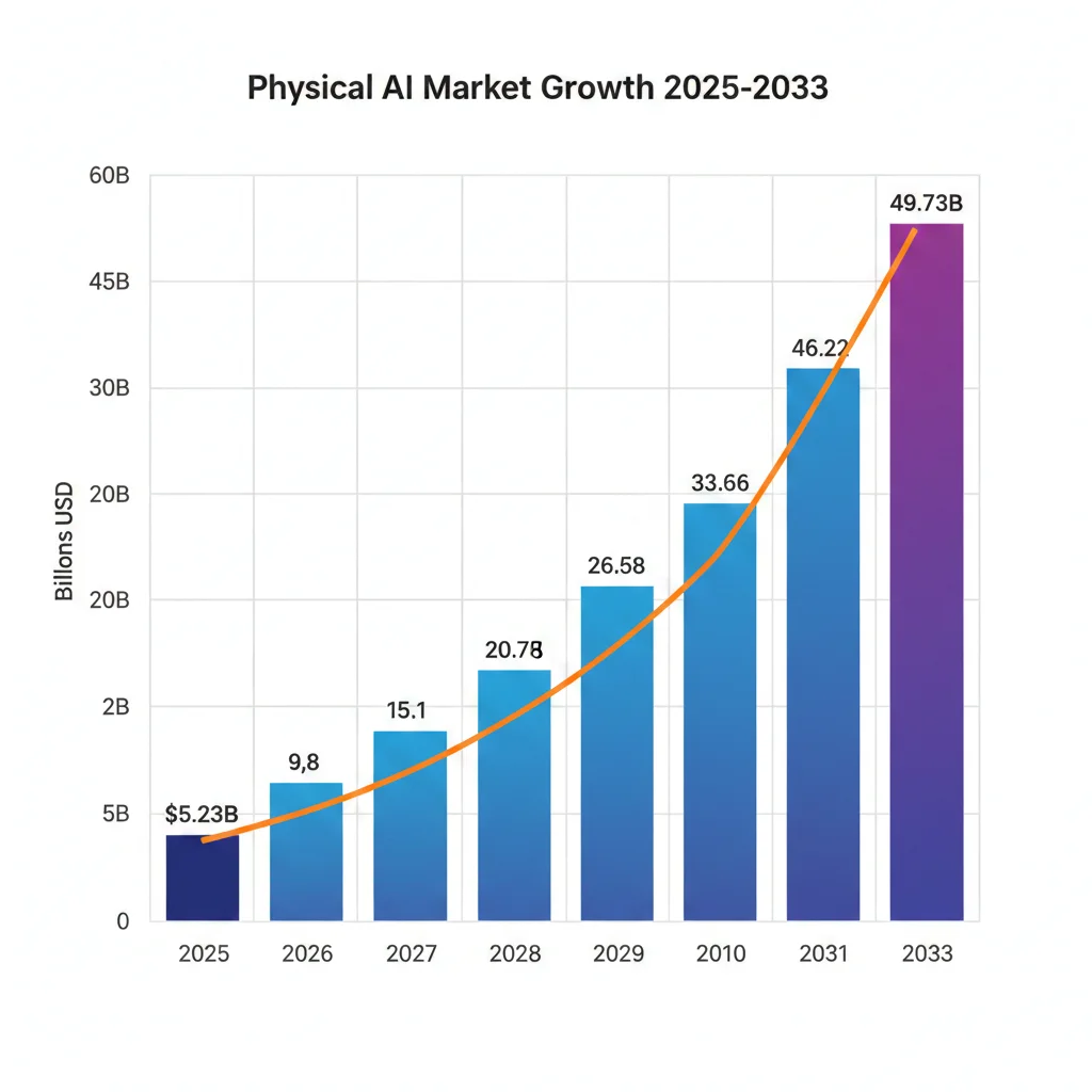 Infografía crecimiento mercado Physical AI desde $5.23B en 2025 hasta $49.73B en 2033 con gráfico de barras ascendente y CAGR 32.53%