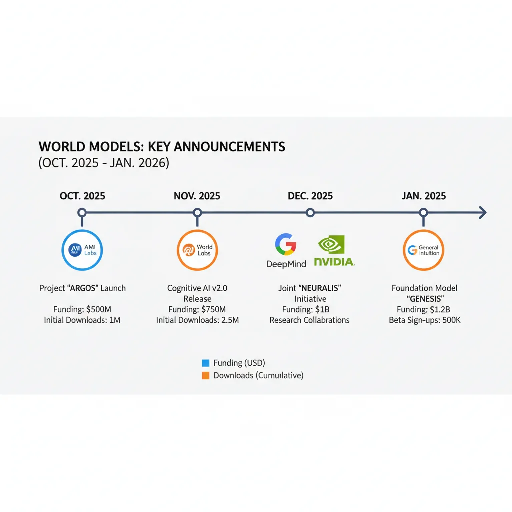 Timeline visual mostrando los principales anuncios de world models desde octubre 2025 hasta enero 2026 con logos y fechas de lanzamiento