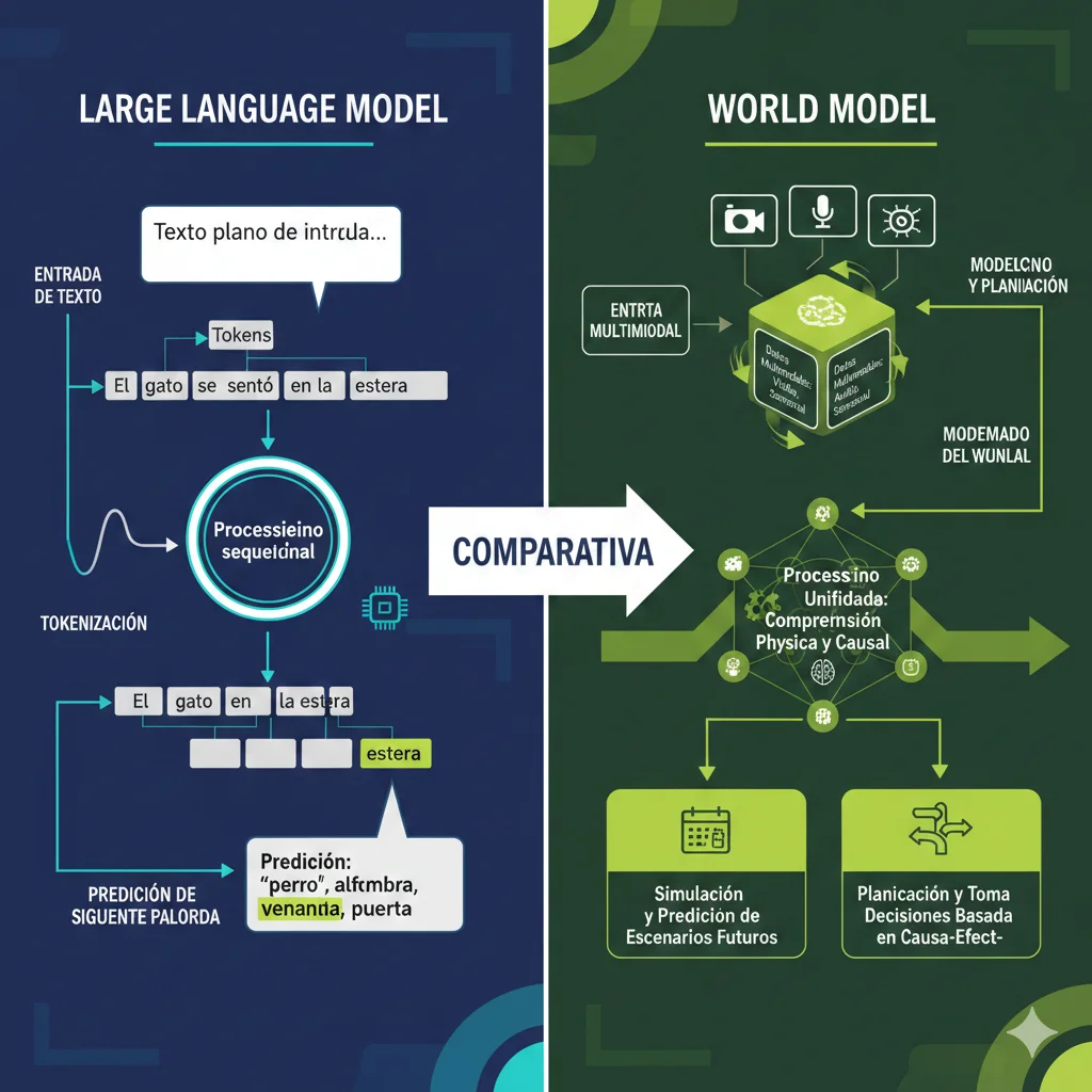 Infografía comparativa mostrando LLMs procesando texto plano versus world models procesando video multimodal con comprensión física y causal