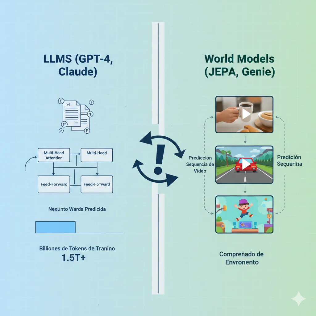 Tabla comparativa visual entre arquitectura LLMs y World Models mostrando diferencias en datos de entrenamiento, comprensión, predicción y robustez